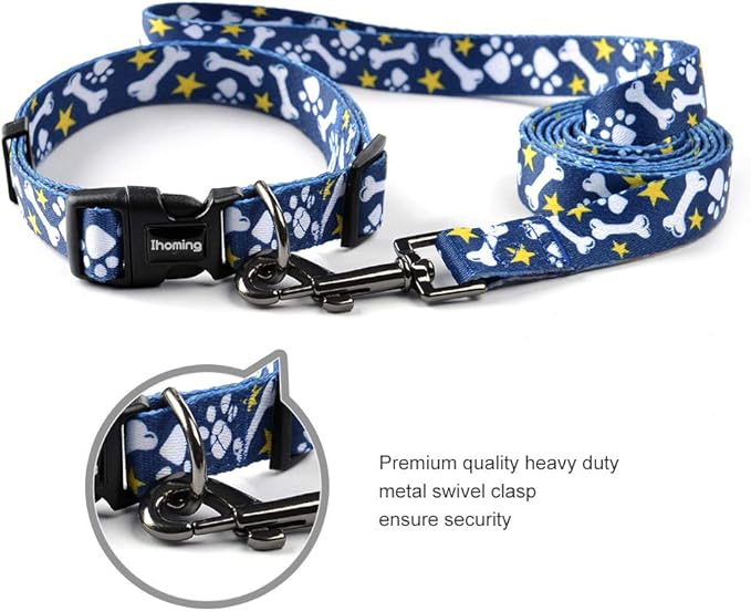 Ihoming Dog Collar and Leash Set for Daily Outdoor Walking Running Training, Bone Design for Large Boys Girls Dogs Cats Pets, L-Up to 80LBS