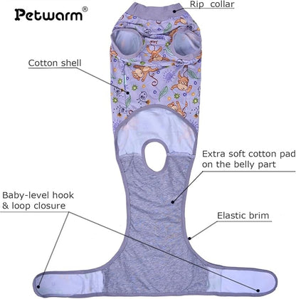 PetWarm Recovery Suit for Dogs, Dog Surgical Recovery Suit Female and Male, Dog Onesie for Surgery, Anti-Licking Dog Surgery Recovery Suit, Monkey Pattern, Grey, XS