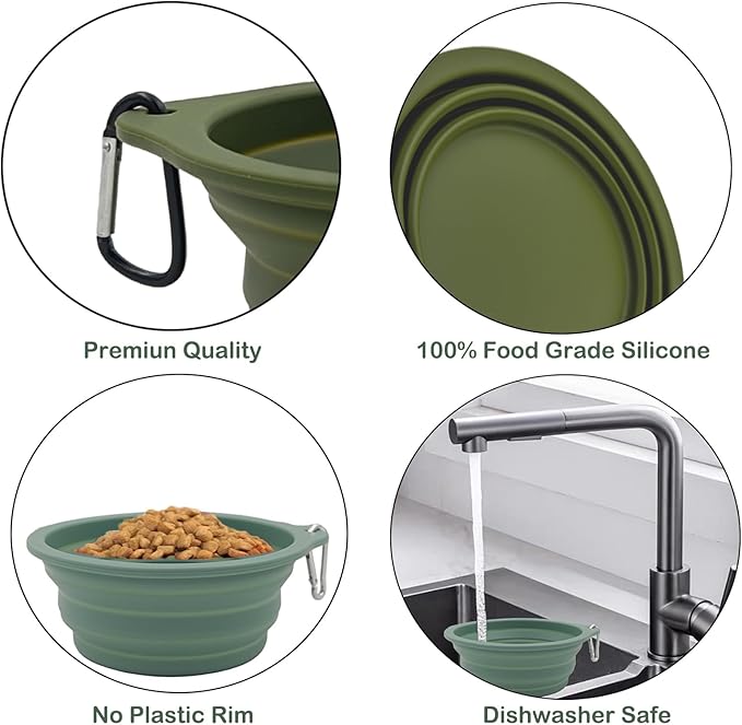 2 Pack Collapsible Dog Travel Bowls (21oz/600ml), 100% Food Grade Silicone Integrated Molding, No Plastic Rim, Portable Pet Feeding Watering Dishes for Outdoors with Clasp, BPA Free