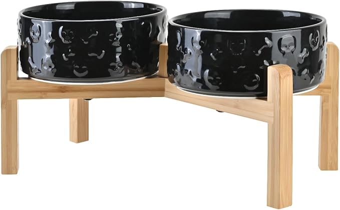 SPUNKYJUNKY Elevated Dog Bowls Ceramic, 7.3'' Dogs Food Water Bowls Raised with Non-Slip Bamboo Stand for Medium to Large Sized Breed Microwave Dishwasher Safe - 42 OZ,Skull Black