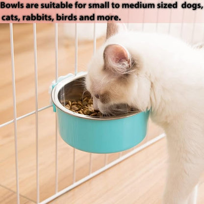 Mechpia 2 Pieces Crate Dog Bowl, Removable Stainless Steel Pet Kennel Hanging Food Water Feeder Bowl Cage Coop Cup for Puppy Medium Dog Cat Rabbit Ferret Bird (Blue,Red)