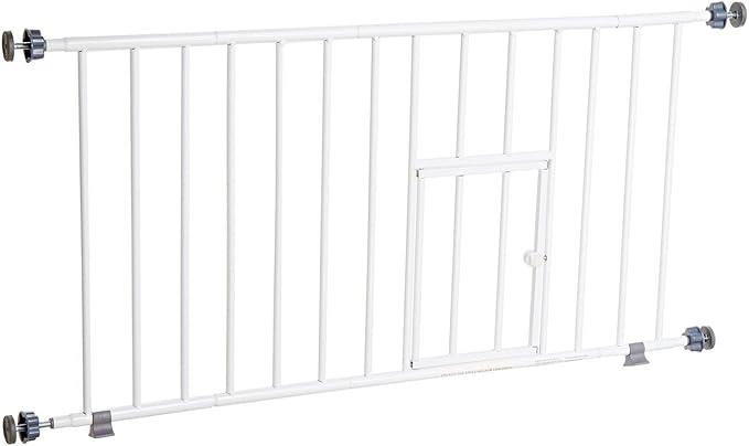 Carlson 18-30.75" Mini Expandable Dog Gate with Small Pet Door, Pressure Mounted Metal Indoor Pet Gate for Doorways & Bottom of Stairs, Cat Gate, White
