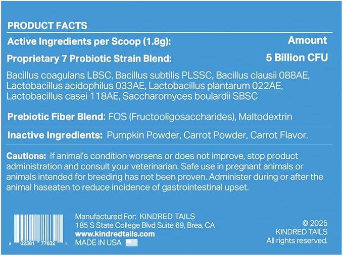 Human Grade Daily Probiotic for Dogs – Vet Approved with 7 Clinically Proven Strains + Prebiotics, Gut & Immune Support with Pumpkin & Carrot – 60 Servings – 5 Billion CFU per Scoop
