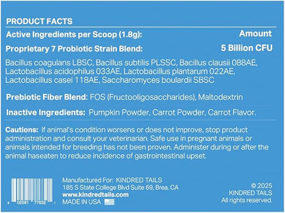 Human Grade Daily Probiotic for Dogs – Vet Approved with 7 Clinically Proven Strains + Prebiotics, Gut & Immune Support with Pumpkin & Carrot – 60 Servings – 5 Billion CFU per Scoop