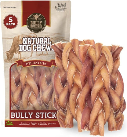 Bully Bunches All Natural 6" Standard Braided Bully Sticks - Odour Free, Rawhide Free, Chemical Free - Safe, Long Lasting Thick Beef Dog Chews - Fully Digestible Treat for Small and Medium Dogs, 5 Pk