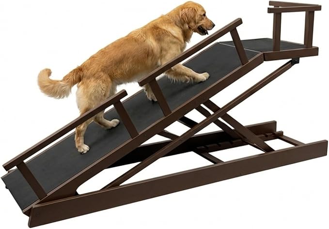 6 Level Height Adjustable Dog Ramp for Bed, Couch 65" Foldable Pet Ramp with Non-Slip Mat，DIY Glow Strips & Rest Platform Heavy Duty Dog Stairs for Large Dogs up to 200Lbs ，Brown