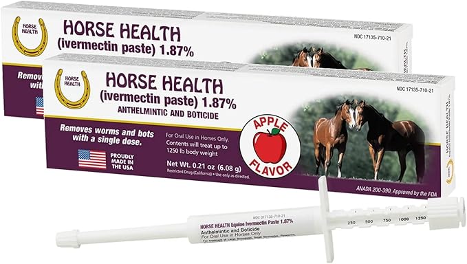 Horse Ivermectin Paste 1.87% – Apple Flavored Oral Horse Dewormer Syringe – 6.08g Tube Treats Horses Up to 1250 lbs (2-Pack)