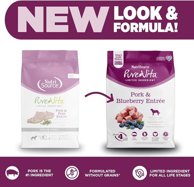 NutriSource Pure Vita Grain Free Pork & Blueberry Dog Food, 12LB