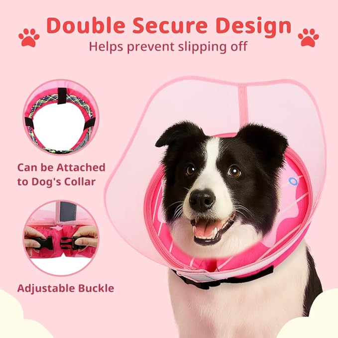Soft Dog Cone Collar, Inflatable Cones Alternative After Surgery with No-Lick Shield for Large/Medium/Small Dogs to Stop Licking, Elizabethan Neck Ecollars of Shame Comfy Pillow Recovery, Pink