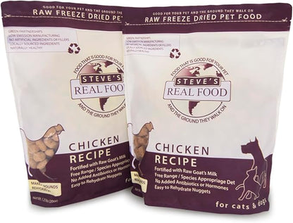 Steve's Real Food Freeze-Dried Raw Food Diet for Dogs and Cats, 2-Pack, Chicken Recipe, 1.25 lbs in Each Bag, Made in The USA, Pour and Serve Nuggets, Vegetarian Fed & Free Range