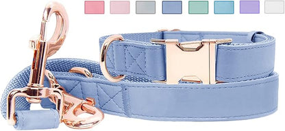 Soft Leather Dog Collar and Leash (6.6') Set - Stylish Rose Gold Heavy Duty Metal Buckle, 4 Adjustable Lengths Leash for Small Medium Large Dogs - Comfortable & Easy to Clean BluePurple L(15.4"-24.8")