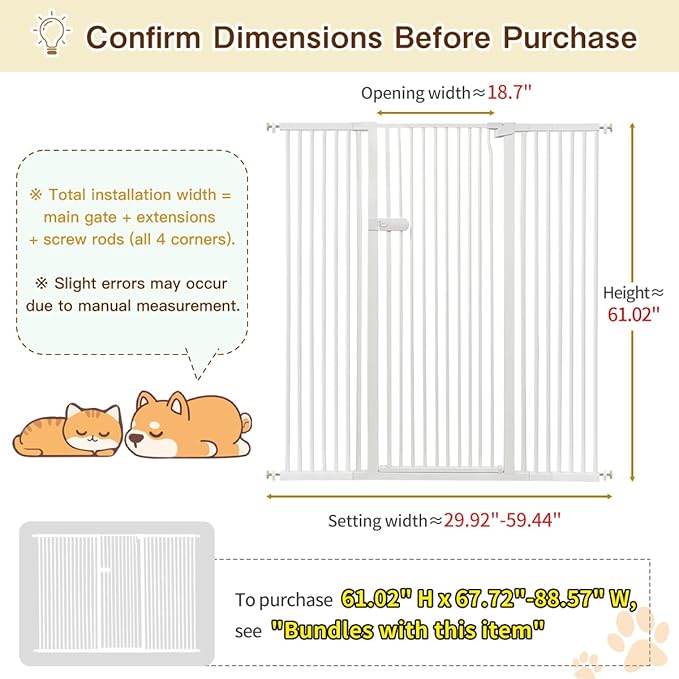 Lumizone Extra Tall Cat Gate 61.02" High Pressure Mounted Extra Wide 2025 New (17 Sizes) 1.37" Gap No Drilling Auto-Close One-Handed Operation Tall Pet Gate for Dogs(White, 61.02" H x 29.92"-59.44" W)
