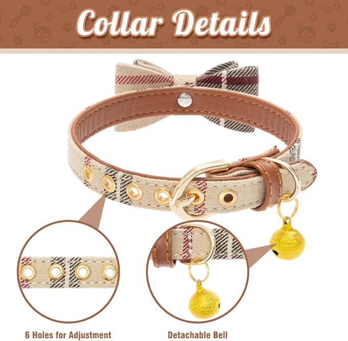 EXPAWLORER Dog Collar and Leash Set - Classic Plaid Dog Bow Tie and Dog Bandana Collar with Bell, Dog Leash Tangle Free, Adjustable Collars for Small Medium Large Dogs Cats, Holiday Ideal Gift, S