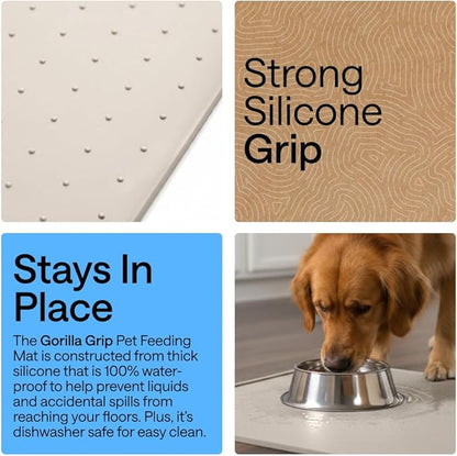 GORILLA GRIP 100% Waterproof Raised Edge BPA Free Silicone Pet Feeding Mat, Dog Cat Food Mats Contain Spills Protects Floors, Placemats for Cats and Dogs Water Bowl, Pets Accessories 23x15 Beige