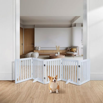 unipaws 24”H Free Standing Pet Gate for Dog and Cat, Wooden Dog Gates for Doorway, Stairs, Doggy Room Divider, Step Over Foldable Pet Fence for The House, Expandable Doggy Barrier, Indoor Use, White
