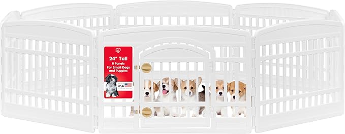 IRIS USA Dog Playpen with Door, 24” 8 Panel Pet Exercise Pen – Indoor Outdoor Puppy Play Pen, Portable Plastic Pet Fence for Small Medium Dogs, Foldable 83.5” x 83.5” x 24”, White