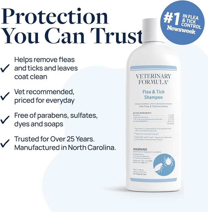 Veterinary Formula Flea and Tick Shampoo for Dogs and Cats, Flea and Tick Control Formula Helps Soothe Itchy Skin While Cleansing, Paraben, Dye, and Soap Free, 2 Pack, 16 fl oz Each