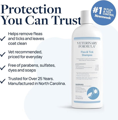 Veterinary Formula Flea and Tick Shampoo for Dogs and Cats, Flea and Tick Control Formula Helps Soothe Itchy Skin While Cleansing, Paraben, Dye, and Soap Free, 2 Pack, 16 fl oz Each