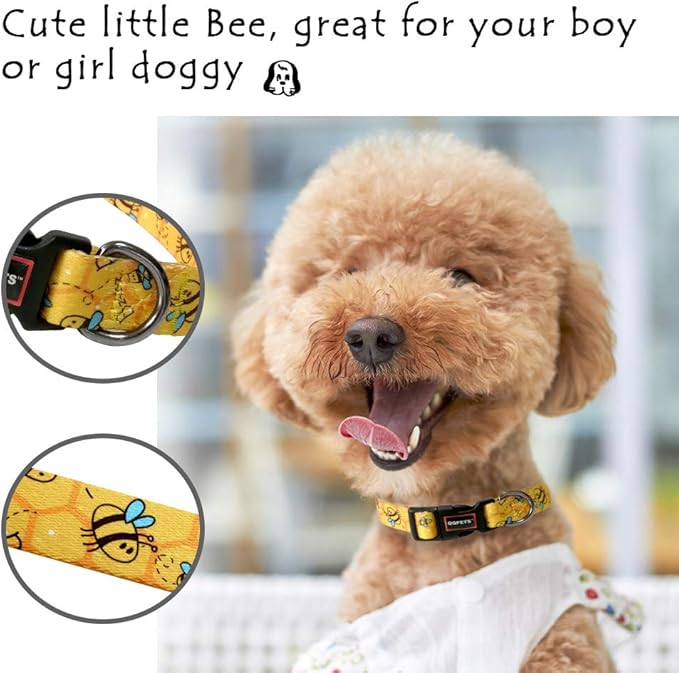 QQPETS Adjustable Soft Dog Collar: Print Flower Pink Multicolor Cute Patterns for XS Small Medium Large Pet Girl Boy Puppy Walking Running Training (S, Yellow Bee)