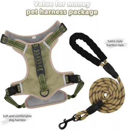 Dog Harness No Pull Adjustable Reflective,for Medium and Large Small Dog with Leash 59.06in (Khaki, L)