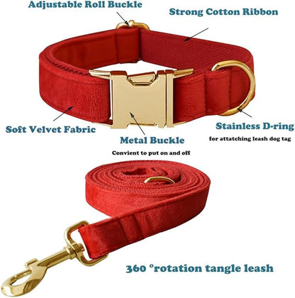 Love Dream Velvet Dog Collar and Leash Set, Soft & Comfy Adjustable Dog Leash and Collar with Heavy Duty Metal Buckle for Small Medium Large Dogs Training & Walking (XLarge, Red)