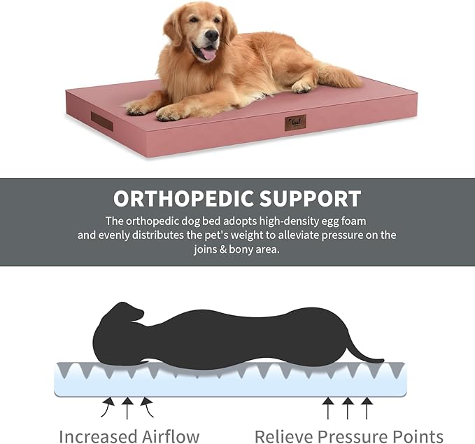 Outdoor Dog Bed for Small Dogs, Waterproof Dog Crate Bed for Medium Dogs Cats, Orthopedic Egg Crate Foam Pet Bed with Washable Removable Oxford Cover, Pink