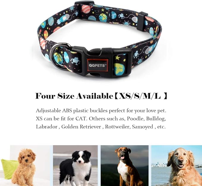 QQPETS Adjustable Soft Dog Collar: Print Flower Pink Multicolor Cute Patterns for XS Small Medium Large Pet Girl Boy Puppy Walking Running Training (XS, Space)