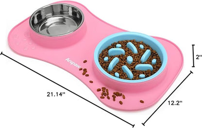 Anipaw Slow Feeder Dog Bowls 3 in 1 Stainless Steel Dog Food and Water Bowls with Non-Spill Non-Skid Silicone Mat to Slow Down Eating for Large Medium Small Breed Size Dogs and Cats (Pink Blue)