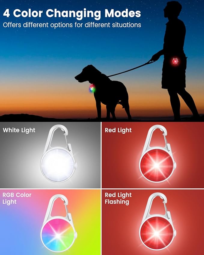 2 Pack Dog Collar Light, 4 Modes Clip On Dog Lights for Night Walking, Glow in the Dark LED Pet Collar Charm, Rechargeable Pet Camping Essentials for Nighttime Running, Cycling, Hiking(White)