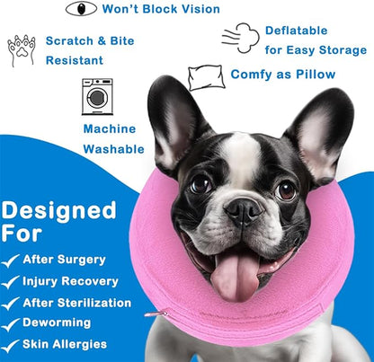Inflatable Dog Cone Collar (M Size), Soft Blow-up Protective Recovery Collar, Cat Donut Cone, Comfy E-Collar After Surgery for Dog/Cats, Pink