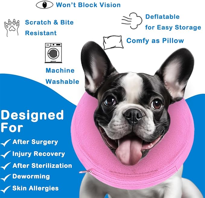 Inflatable Dog Cone Collar, Soft Dog Cone Blow-up Protective Recovery Collar, Pink (X Size)