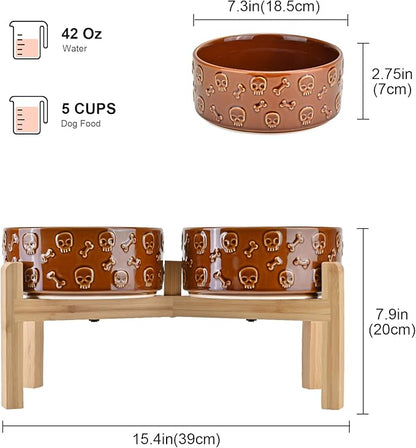 SPUNKYJUNKY Elevated Dog Bowls Ceramic, 7.3'' Dogs Food Water Bowls Raised with Non-Slip Bamboo Stand for Medium to Large Sized Breed Microwave Dishwasher Safe - 42 OZ,Skull Bronze