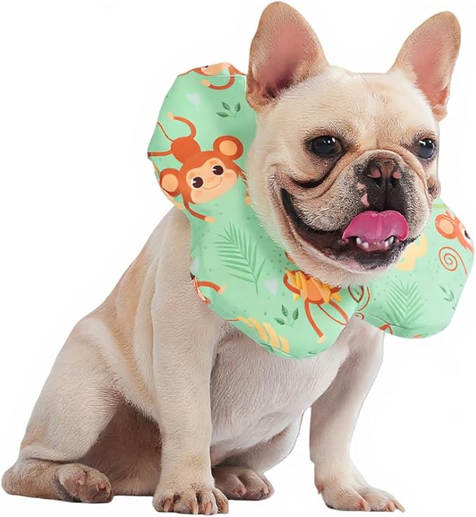 PetWarm Recovery Collar for Dogs, Dog Recovery Collar, Lightweight Pet Neck Protector with Memory Foam Padding, Gentle No-Lick Flower Design for Calm Rest and Travel, Monkey Print, Green, S