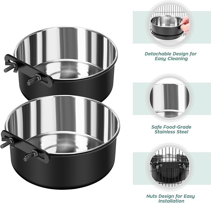 Crate Water Bowl No Spill, 2 Pack Dog Crate Bowls Hanging, Kennel Dog Water Food Bowls Mountable, Pet Cage Accessories Feeder Dish, Large Stainless Steel Coop Cup for Cat Puppy Bunny Guinea Pig Ferret