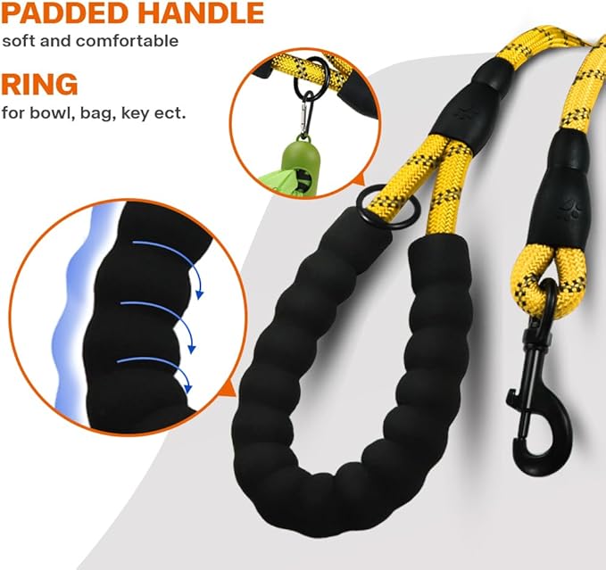 Taglory Rope Dog Leash 6 FT with Comfortable Padded Handle, Highly Reflective Threads Leash and Anti-Tangle Clip for Walking Medium Large Dogs, 1/2 inch, Yellow