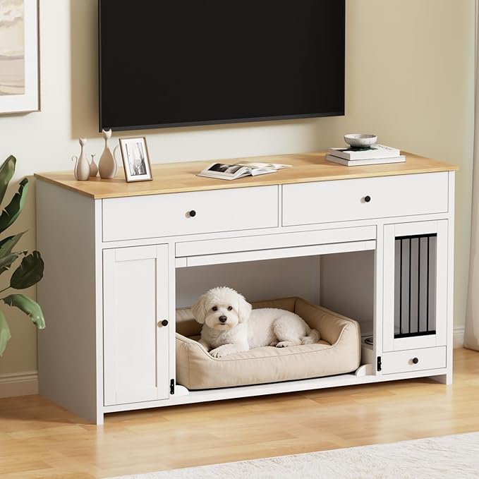 63" Dog Crate Furniture with 2 Drawers & Cabinets, Heavy Duty Wooden Dog Kennel TV Stand for Medium/Large Dogs, Dog Kennel Indoor Dog Cage with Storage, Decorative Pet Crate Sideboard, White