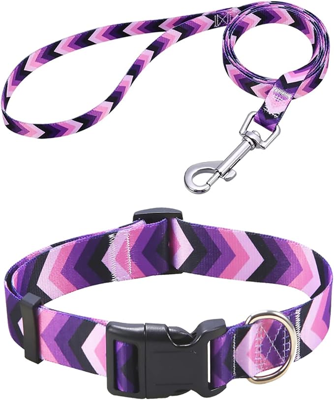 Mihqy Dog Collar and Leash Set with Bohemia Floral Tribal Geometric Patterns - Soft Ethnic Style Collar Adjustable for Small Medium Large Dogs(Purple Arrow Set,L)