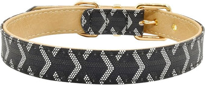 Leather Dog Collar and Leash Set, Check Pattern Dog Collar Leashes Metal Buckle Adjustable Durable for Small Medium Large Dogs (Black, S(11.4-13.4IN))
