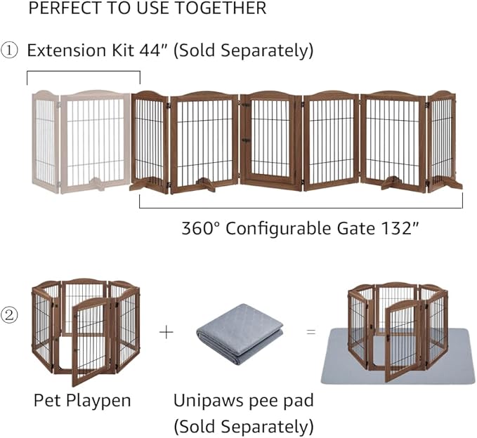 unipaws Pet Playpen with Wood and Wire, 6 Panels Extra Wide Freestanding Walk Through Dog Gate with 4 Support Feet, Foldable Stairs Barrier Pet Exercise Pen for Dogs Cats