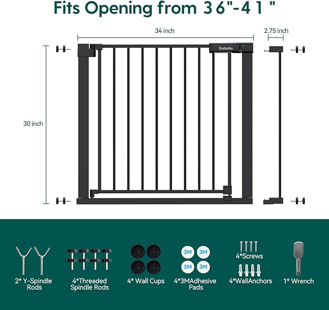 Babelio Baby Gate for Doorways and Stairs, 36-41" Pet Gate with Wide Walk Thru Door and Lock Indicator, No Drill Pressure Mounted Safety Gate with Double Lock and Self-Closing, Black