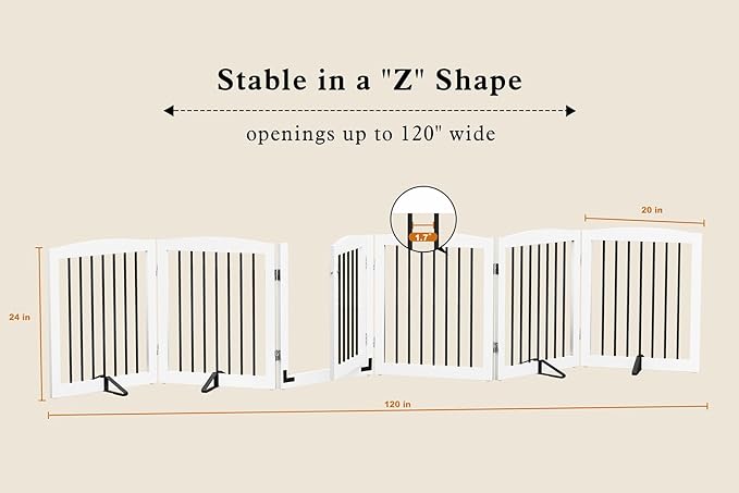 PUPETPO Freestanding Pet Gates with Walk Through Door, Dog Indoor Fence, Dog Gate for The House, Stairs, Extra Wide Pet Gate, Support Feet Included, 120 Inch Wide, 6 Panels 24" Tall, White & Black