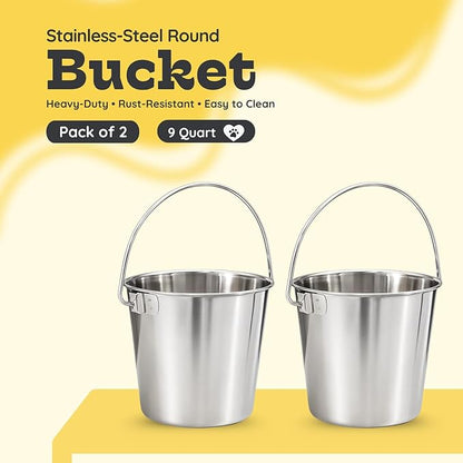9 quart Heavy Duty Stainless Steel Round Bucket with Handle 2Pcs | 2.25gal Sturdy Food & Water Bowl for XL Dog Goat Sheep Horse & Livestock | Fits kennel Crate Farm | Hanging Utility Pail