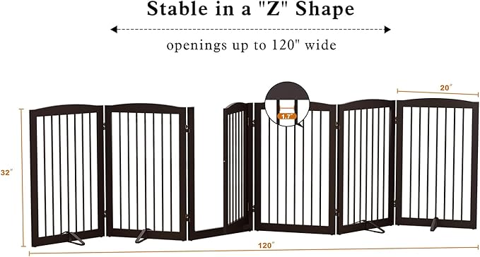 PUPETPO Freestanding Pet Gate with Door, Tall Dog Gate for House, Extra Wide, Pet Puppy Safety Fence, Support Feet Included, 120 Inch Wide, 6 Panels 32" Tall, Brown
