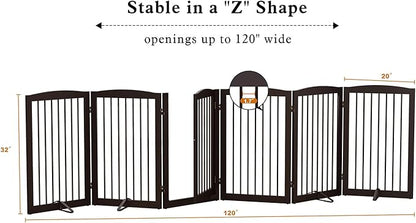 PUPETPO Freestanding Pet Gate with Door, Tall Dog Gate for House, Extra Wide, Pet Puppy Safety Fence, Support Feet Included, 120 Inch Wide, 6 Panels 32" Tall, Brown