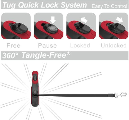 TUG Tiny 360° Tangle-Free Retractable Dog Leash with Anti-Slip Handle | 10 ft Nylon Tape | One-Handed Brake, Pause, Lock (Red)
