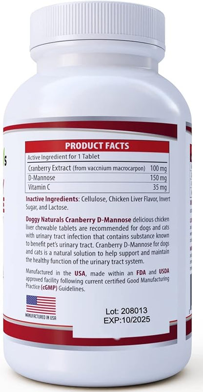 Cranberry D-Mannose for Dogs and Cats Urinary Tract Infection Support Prevents and Eliminates UTI, Bladder Infection Kidney Support, Antioxidant (Single Strength Tablet, 120 Count)