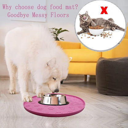 Silicone pet Food mat, Dog Food and Water mat, Raised Edge Rubber mat for Dog Bowls, Prevents Food and Water from staining Floors, Suitable for Small and Medium Pets，10.6'' (Pink - Odorless)