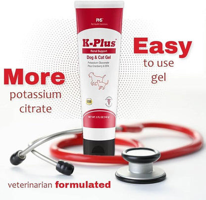 K-Plus Gel for Dogs & Cats – Potassium Citrate & Cranberry Supplement for Kidney, Urinary Tract Health, UTI Relief, Stone Prevention, Electrolyte Balance, Muscle & Heart Function - Made in USA - 5 oz