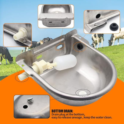 Automatic Animal Drinking Water Bowl with Float Valve,304 Stainless Steel Livestock Dispenser Waterer with Drainage Hole,Includes Water Bowl,3/4''Water Hose,2 Float Valves and Mounting Bolts