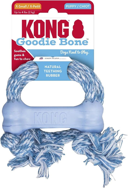 KONG Puppy Goodie Bone with Rope - Natural Rubber Bone with Cotton Rope - Teeth Cleaning Chew Toy for Growing Puppies - for XS Puppies - Blue
